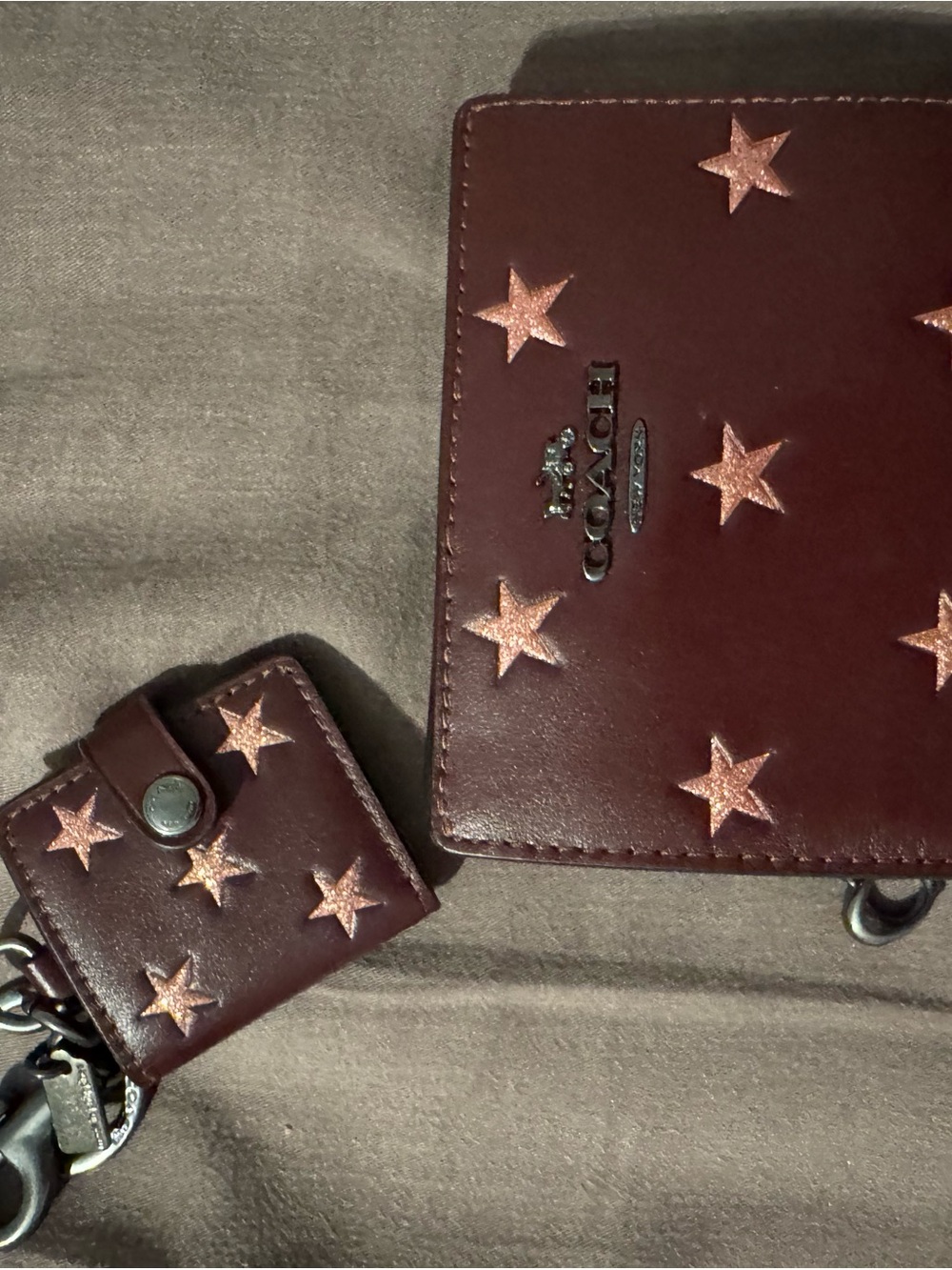 Coach Burgundy Leather Wallet with Rose Gold Star Accents & keychain